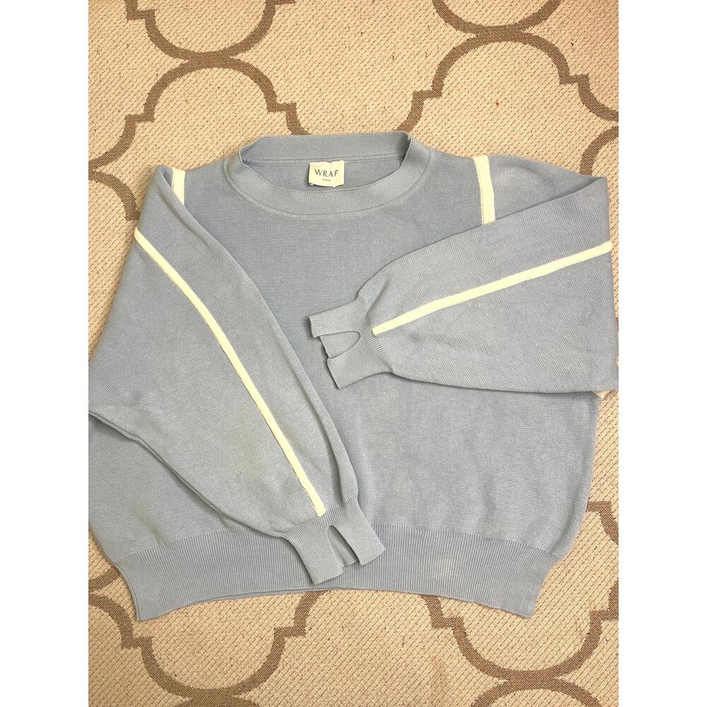 Wrap London Light Blue Crewneck Sweater with Cream Stripes